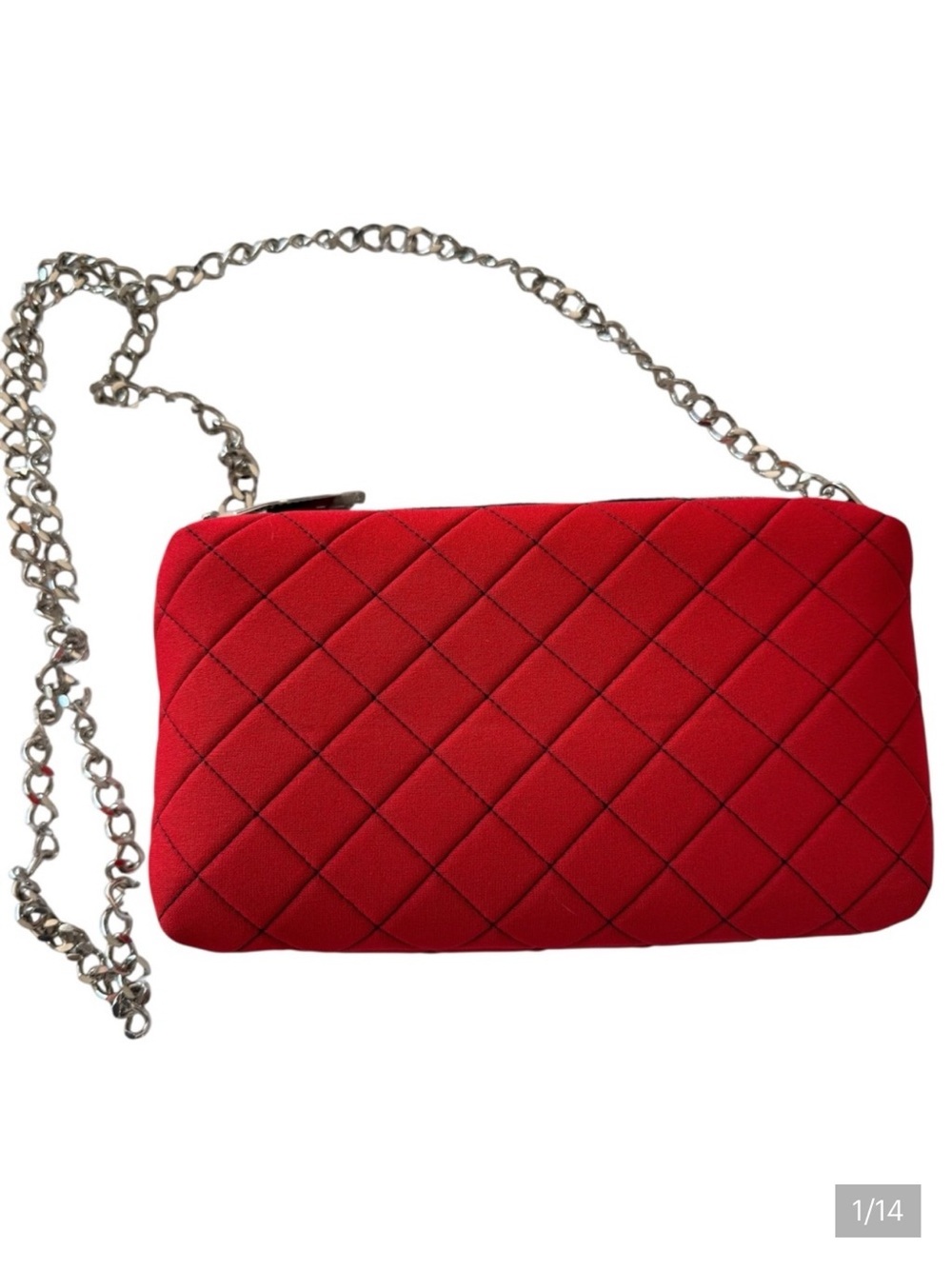 Leghila Italy Neoprene Red Diamond Pattern Crossbody Bag Silver chain strap - Picture 2 of 14